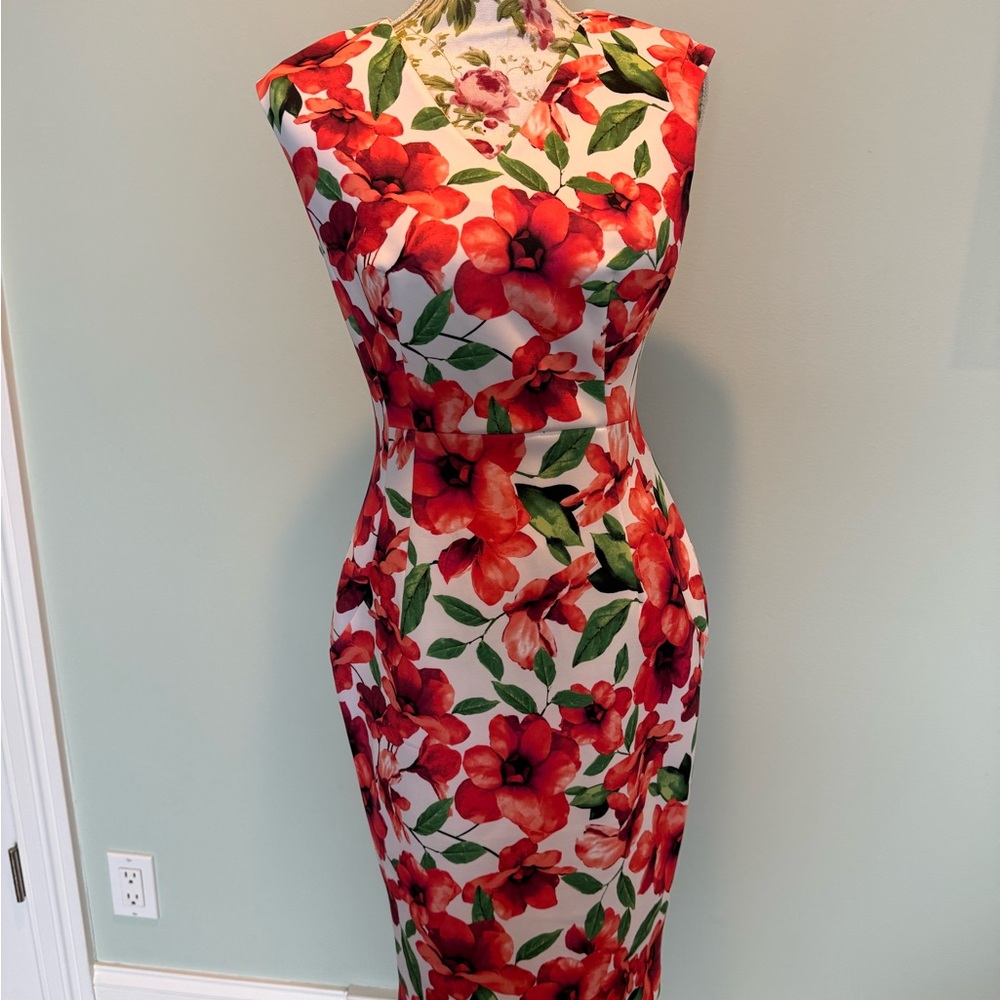 Calvin Klein White and Red Floral Midi Dress